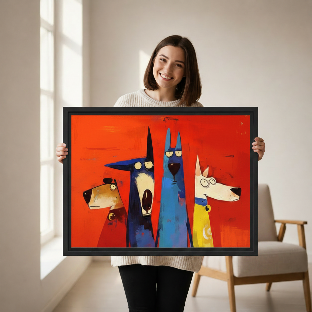 Woman holding a large framed canvas print of four cartoon dogs on red background, showing scale and black frame detail