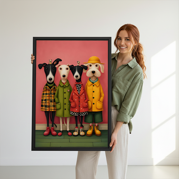Four dogs portrait canvas wall art in a black frame above a cream living room sofa.