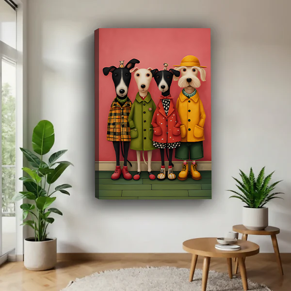 Framed four dogs portrait canvas wall art hanging beside a bed with woven headboard.