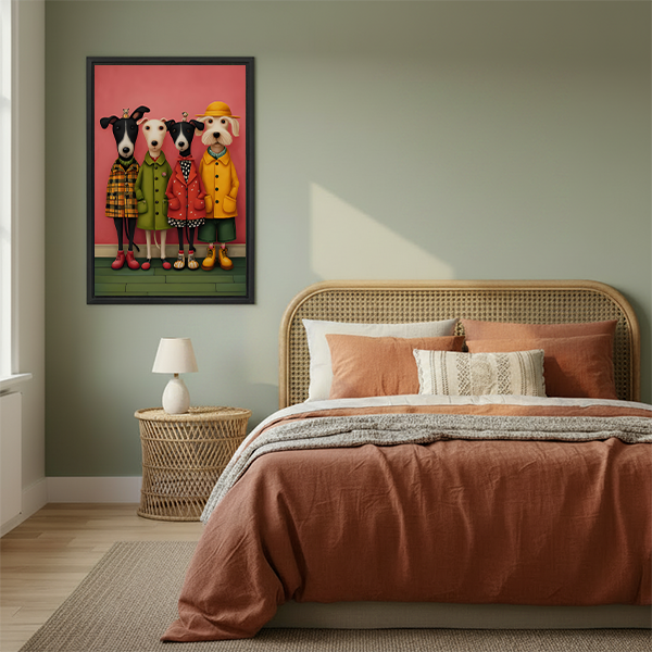 Woman holding framed four dogs portrait canvas wall art featuring bright coats and a yellow hat.