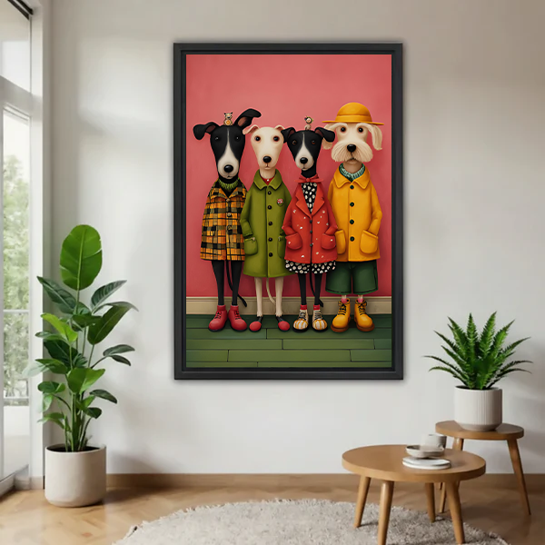 Unframed four dogs portrait canvas wall art with colorful coats displayed between potted plants.