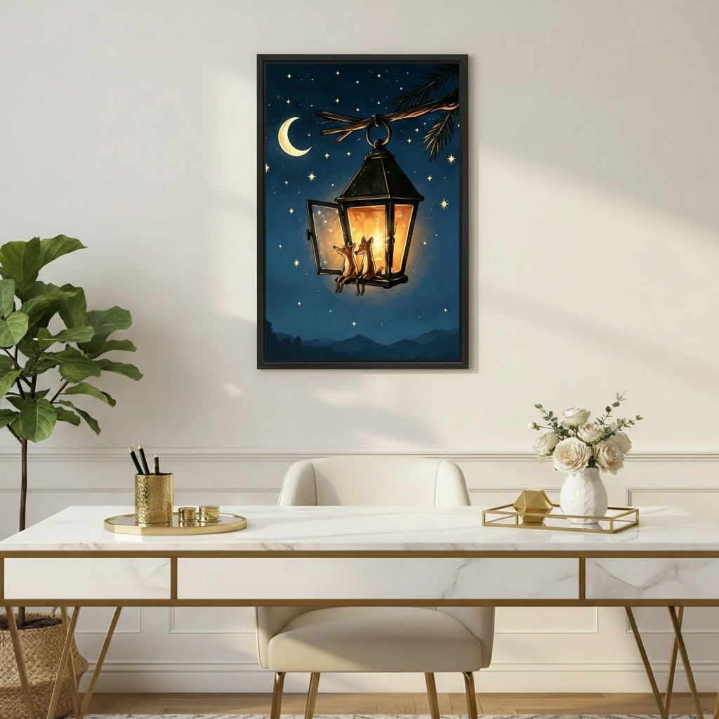 Whimsical fox lantern night sky framed canvas wall art above gold marble home office desk