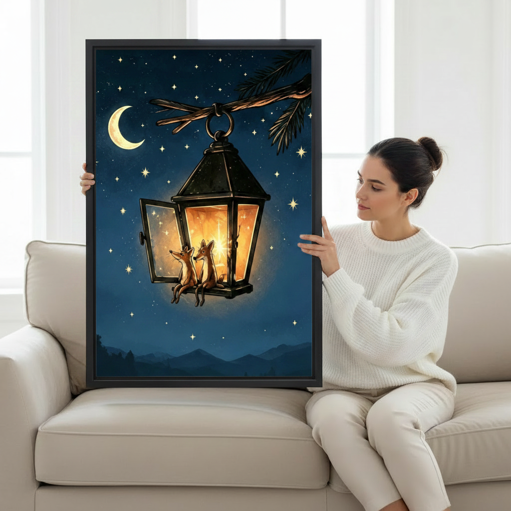 Woman holding large framed fox lantern night sky canvas wall art whimsical size display