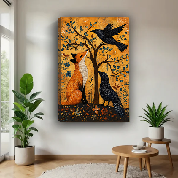 Folk art fox and raven botanical gallery wrap canvas wall art hung in bright modern living room with natural light