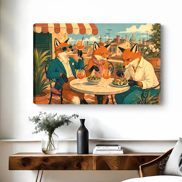 Framed foxes dining on a terrace canvas wall art with a striped awning above a black bed.