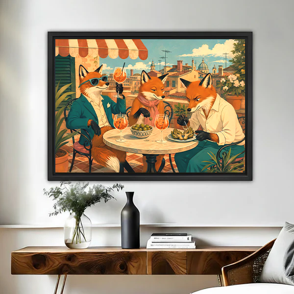 Gallery-wrap foxes dining on a terrace canvas wall art above a wooden console with flowers and vases.