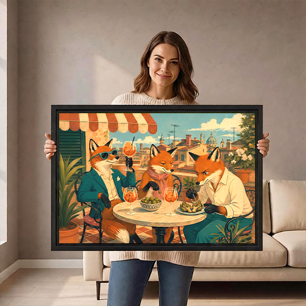 Woman holding black-framed foxes dining on a terrace canvas wall art featuring pasta and orange drinks.