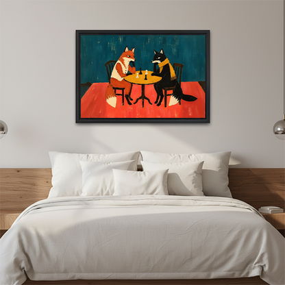 Foxes playing chess canvas wall art in a black frame above white bedding and a natural wood headboard.