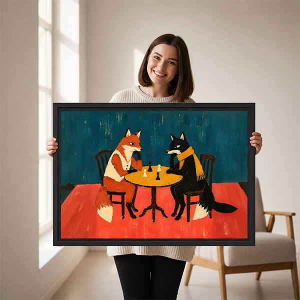 Whimsical foxes playing chess canvas wall art in a black frame above a cream sofa with wooden arms.