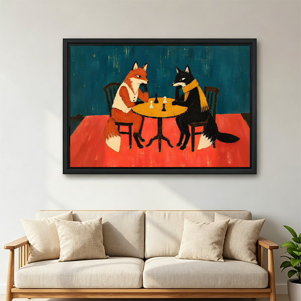 Black-framed foxes playing chess canvas wall art with a deep teal background, displayed above a white bed.