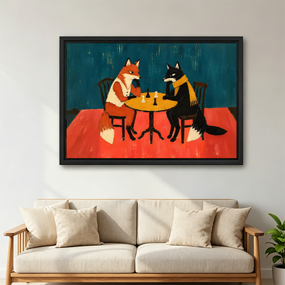 Black-framed foxes playing chess canvas wall art with a deep teal background, displayed above a white bed.