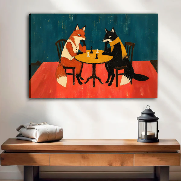 Woman holding black-framed foxes playing chess canvas wall art featuring two foxes seated at a golden round table.