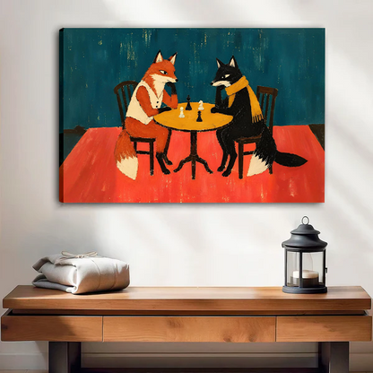 Woman holding black-framed foxes playing chess canvas wall art featuring two foxes seated at a golden round table.