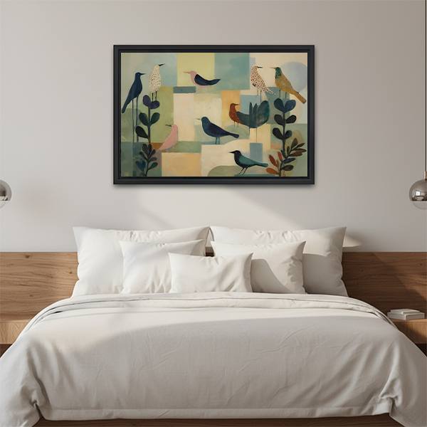 Framed abstract bird canvas wall art shown above a cream sofa with cushions.