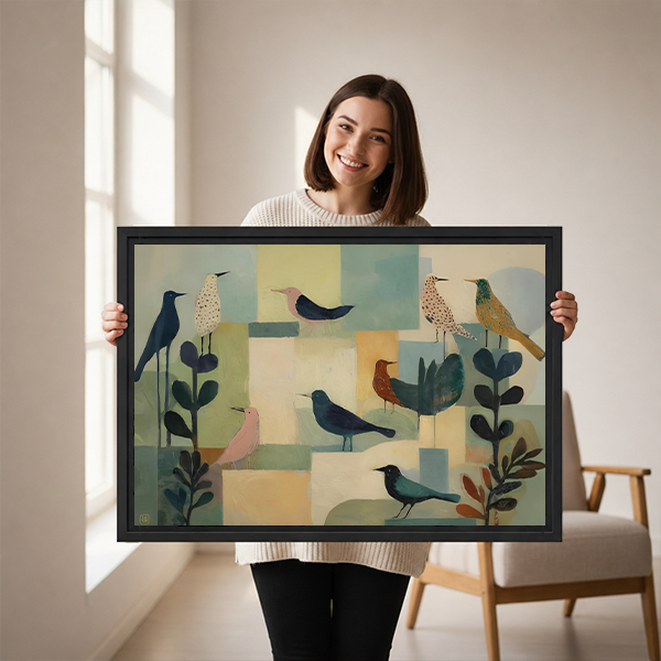 Framed abstract bird canvas wall art featuring layered bird silhouettes above a neutral living room sofa.