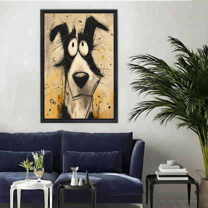 Abstract black and white dog canvas wall art displayed above a navy sofa in a modern living room