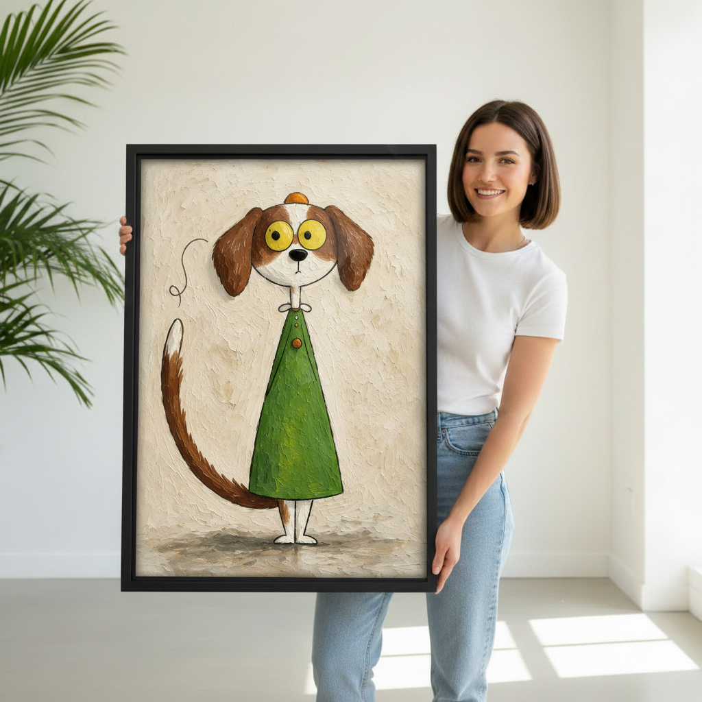Woman holding framed big-eyed dog canvas art to demonstrate its vertical scale and playful storybook design.