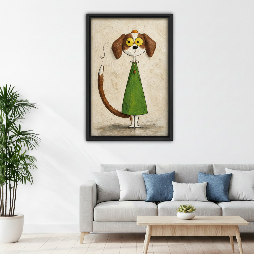 Framed big-eyed dog canvas wall art displayed above a white sofa with blue accent pillows.