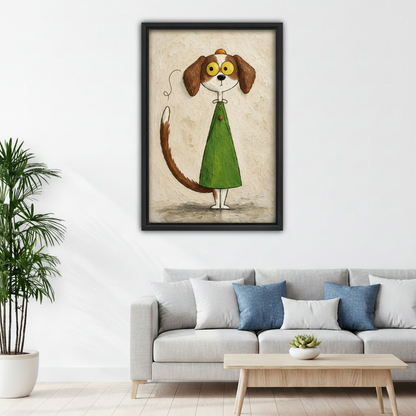 Framed big-eyed dog canvas wall art displayed above a white sofa with blue accent pillows.