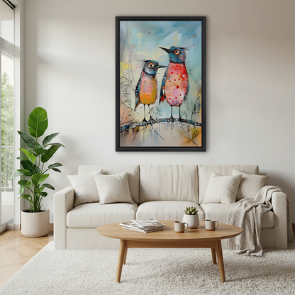 Framed whimsical bird art print hanging above sofa in bright cozy living room