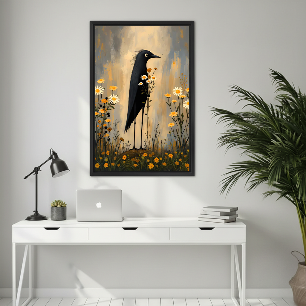 Framed black bird wildflower canvas wall art above a white desk in a modern home office.