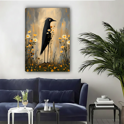 Framed black bird wildflower canvas wall art hanging above a navy sofa and side tables.