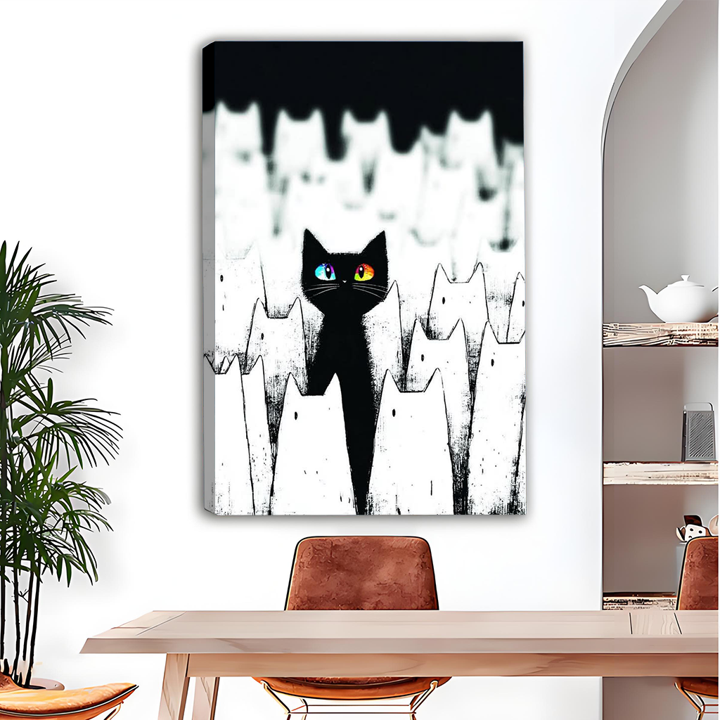 Framed black cat canvas wall art with mismatched colorful eyes above a contemporary living room sofa