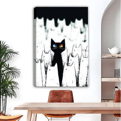 Framed black cat canvas wall art with mismatched colorful eyes above a contemporary living room sofa