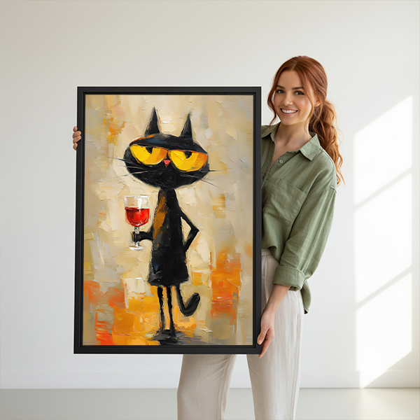Framed black cat cocktail canvas wall art with a red wine glass above a cream sofa in a bright living room