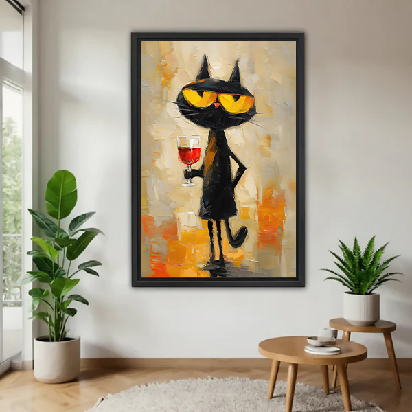 Framed black cat cocktail canvas wall art with yellow sunglasses displayed between leafy plants in a bright room