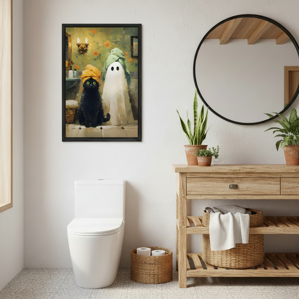 Framed black cat ghost Halloween canvas wall art displayed above a bathroom toilet in a tiled room