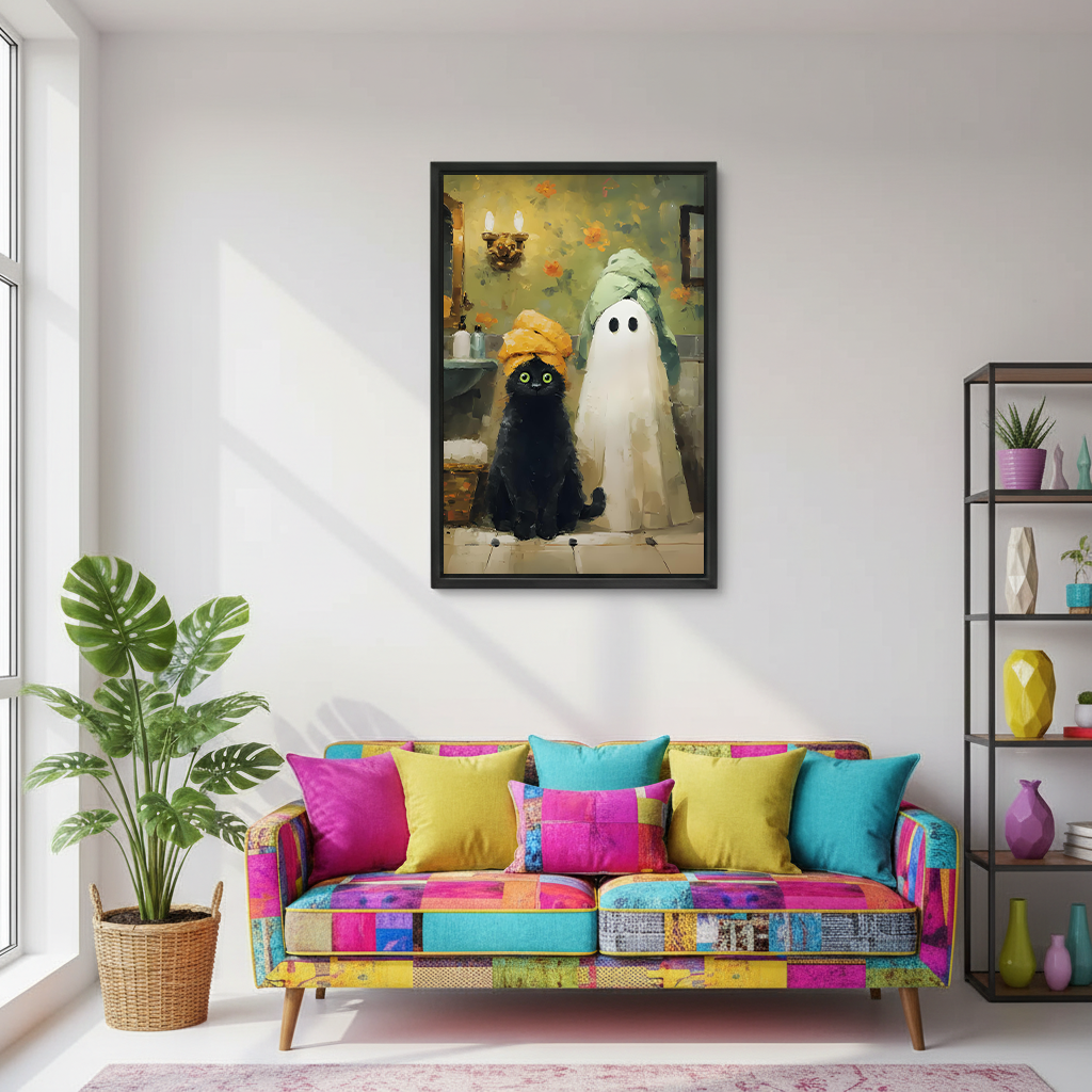 Framed black cat ghost Halloween canvas wall art displayed above a colorful sofa in a bright living room