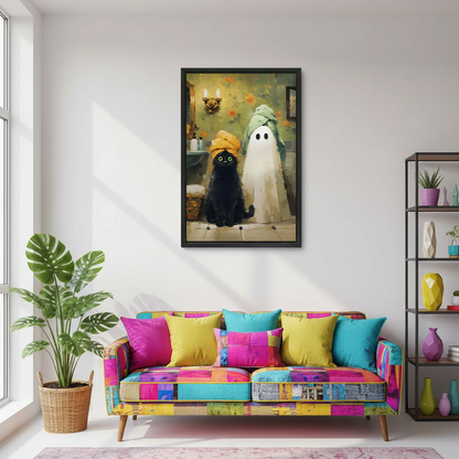 Framed black cat ghost Halloween canvas wall art displayed above a colorful sofa in a bright living room