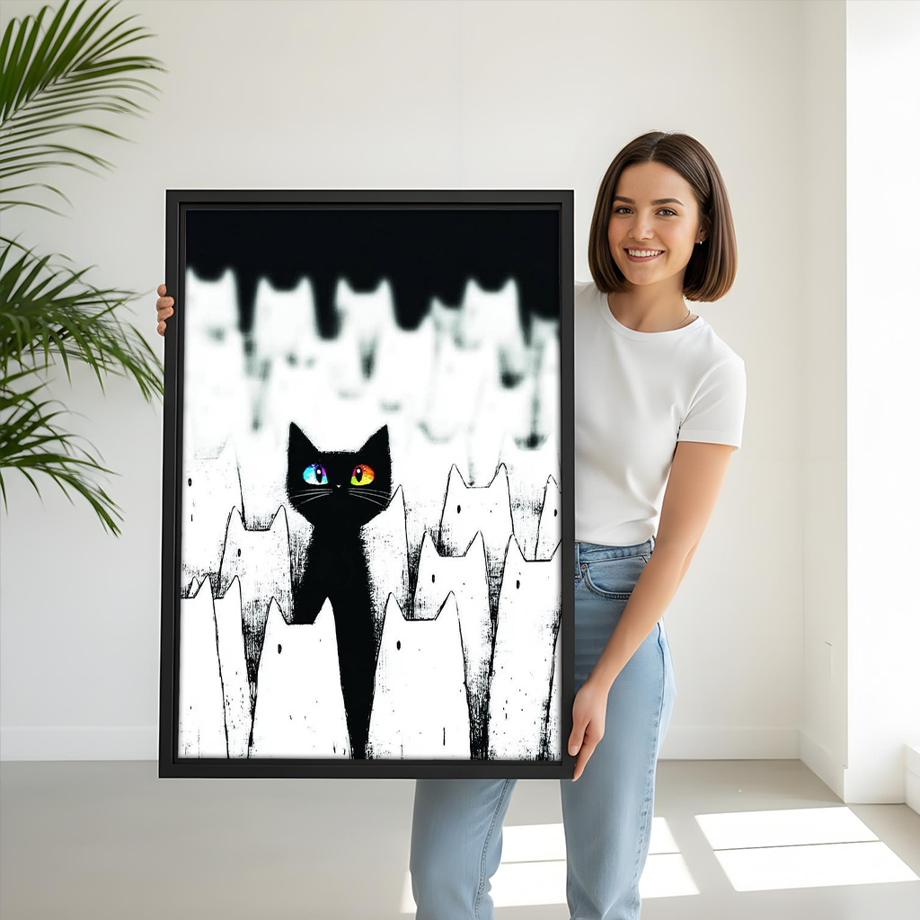 Framed black cat portrait wall art with white cat silhouettes displayed above a dining table
