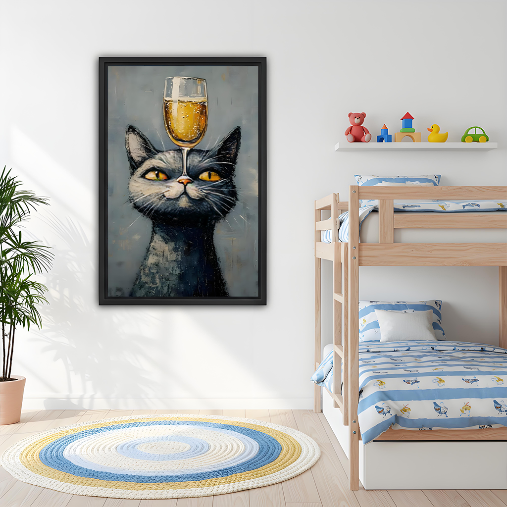 Framed black cat wine canvas wall art above a light sofa in a modern living room.