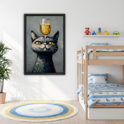 Framed black cat wine canvas wall art above a light sofa in a modern living room.