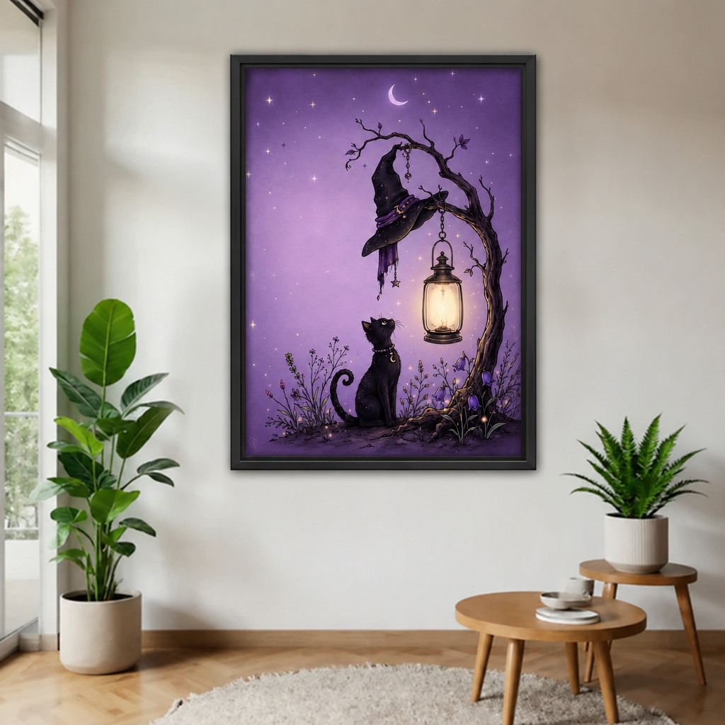 Framed black cat and witch hat canvas wall art shows a glowing lantern beneath a crooked tree.