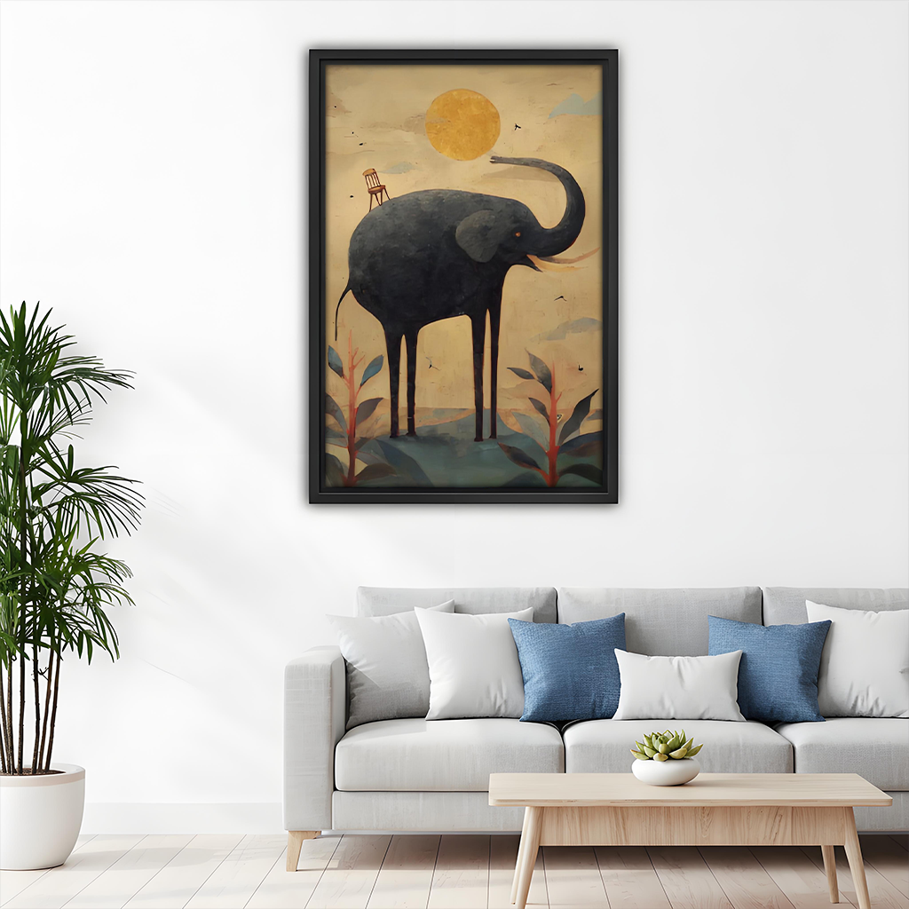Framed black elephant canvas wall art displayed above a dining console with a lantern.