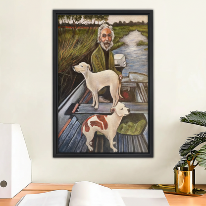 Man & Dogs on Boat Framed Canvas Wall Art Print|Liberty Signs #L1669