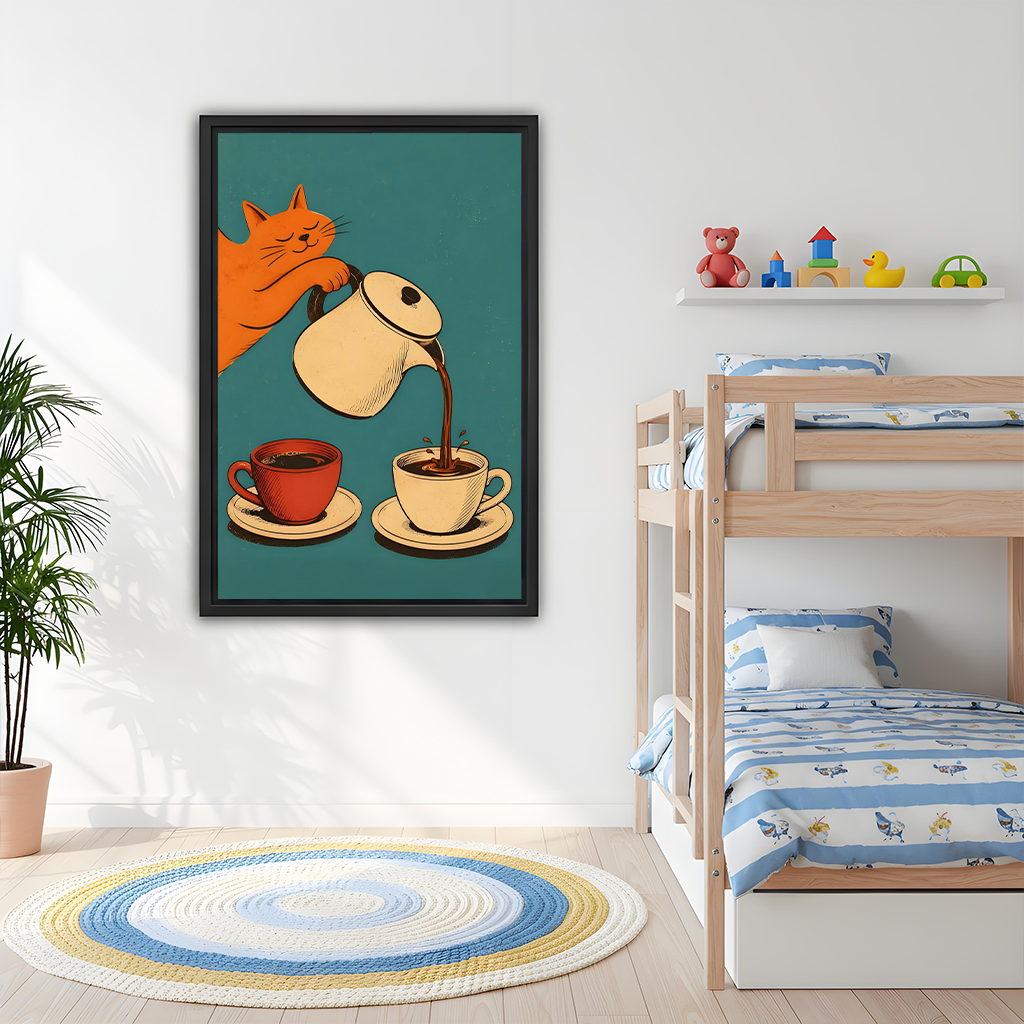 Framed cat coffee canvas wall art above a light sofa in a modern living room.