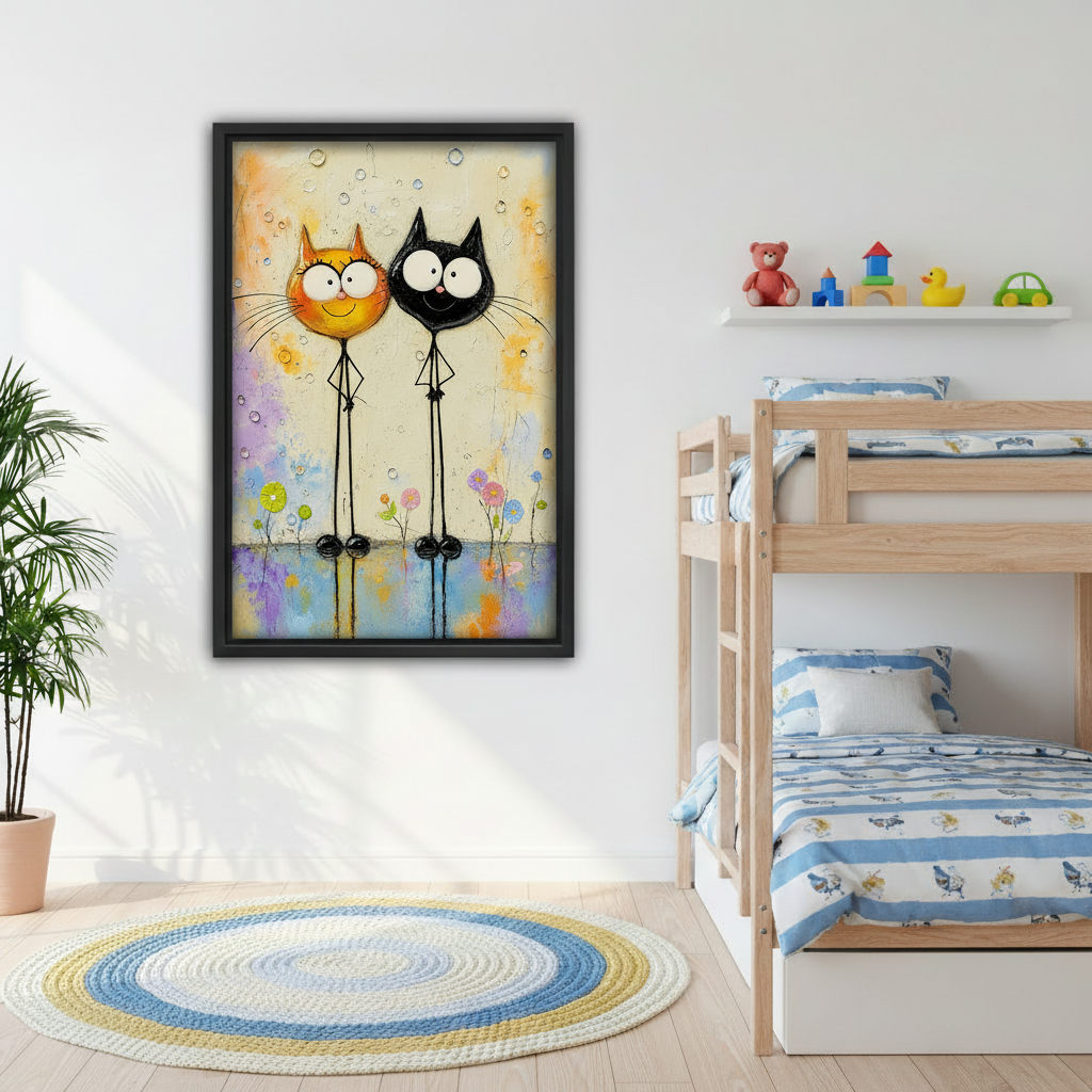 Framed whimsical cat couple wall art displayed beside wooden bunk beds in a bright children’s room.