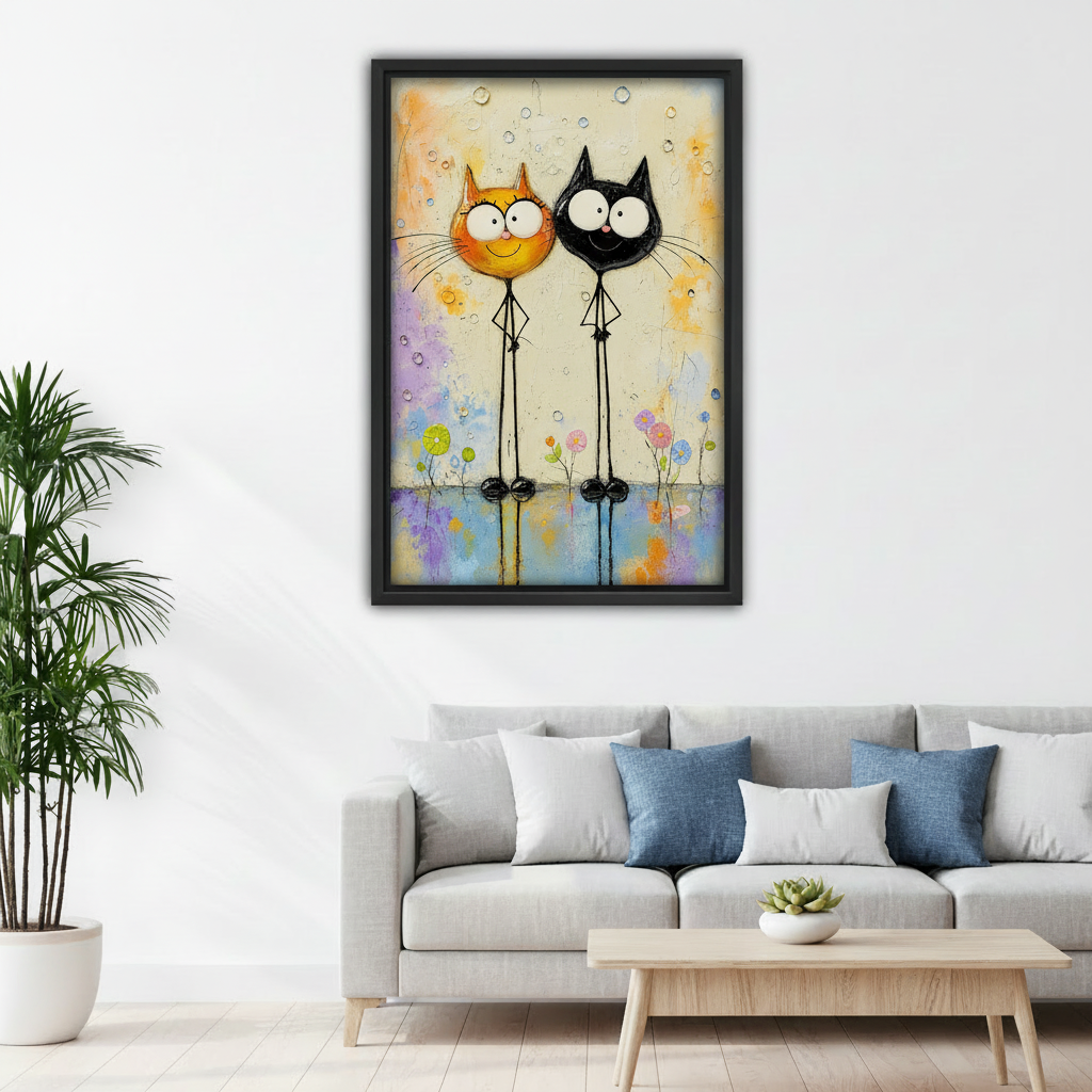  Framed long-legged cat couple canvas wall art displayed above a white sofa with blue pillows.