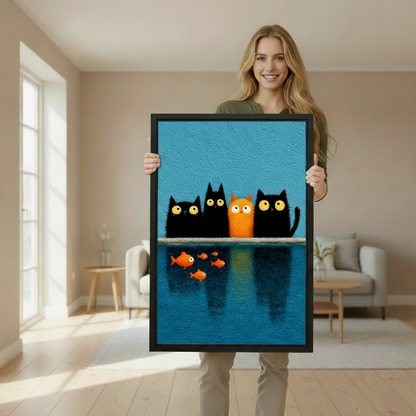 Woman holding framed cats watching fish canvas wall art to demonstrate its vertical size and appearance.