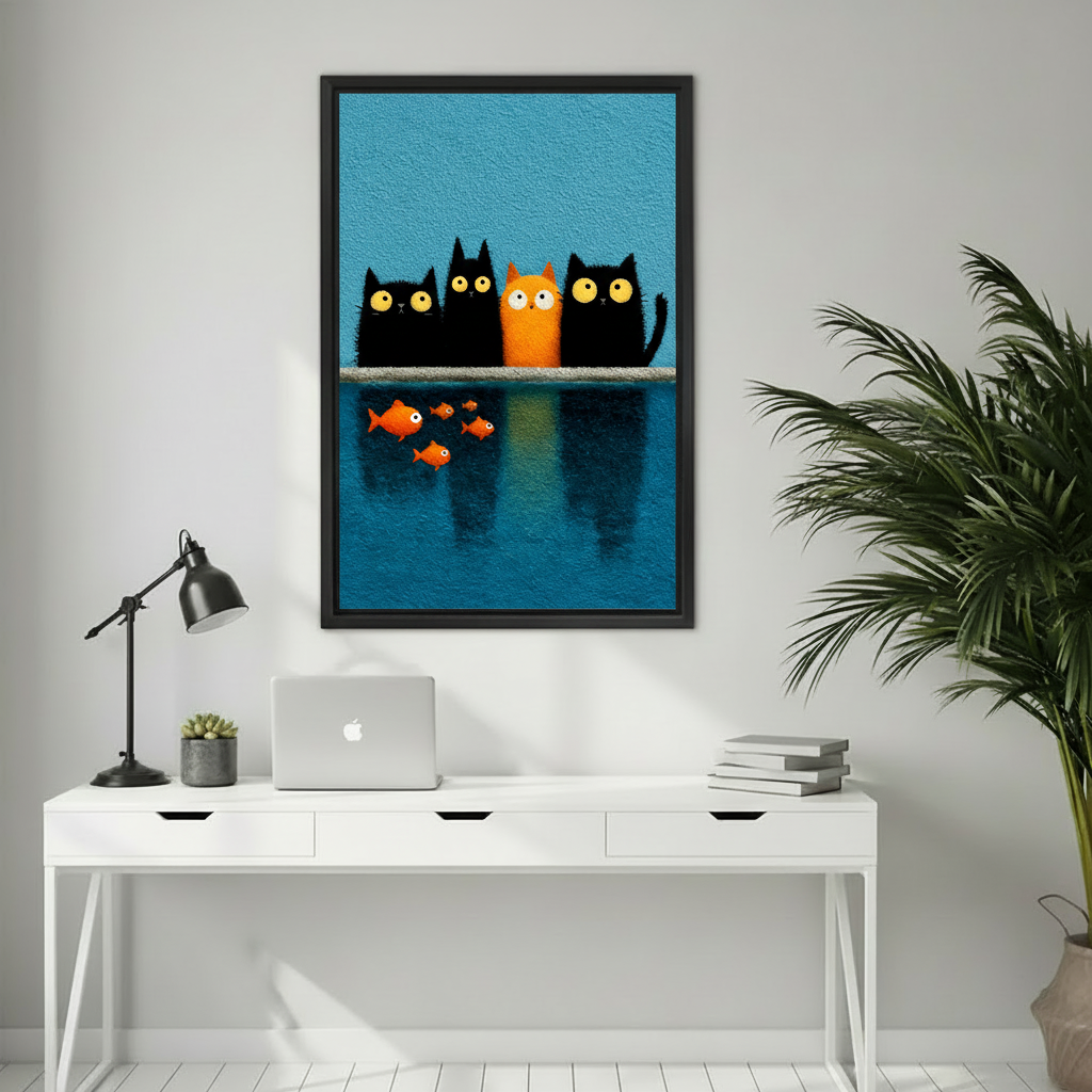  Framed cats watching fish canvas wall art adding playful color to a bright home office.