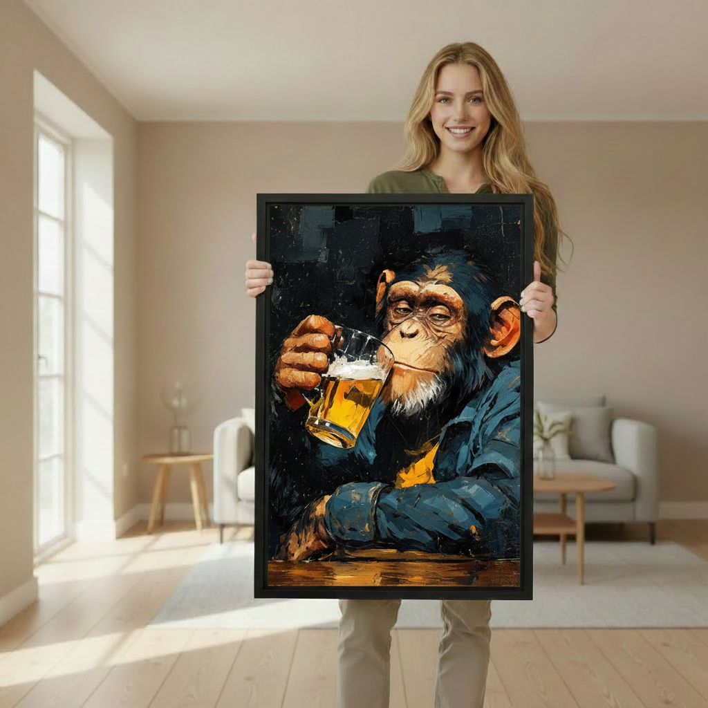 Woman holding framed chimpanzee beer canvas wall art to demonstrate its vertical size and appearance.