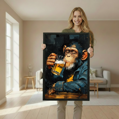 Woman holding framed chimpanzee beer canvas wall art to demonstrate its vertical size and appearance.