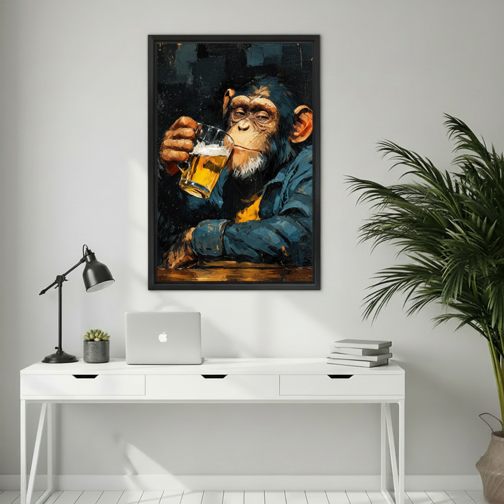  Framed chimpanzee beer canvas wall art adding playful character to a bright home office.