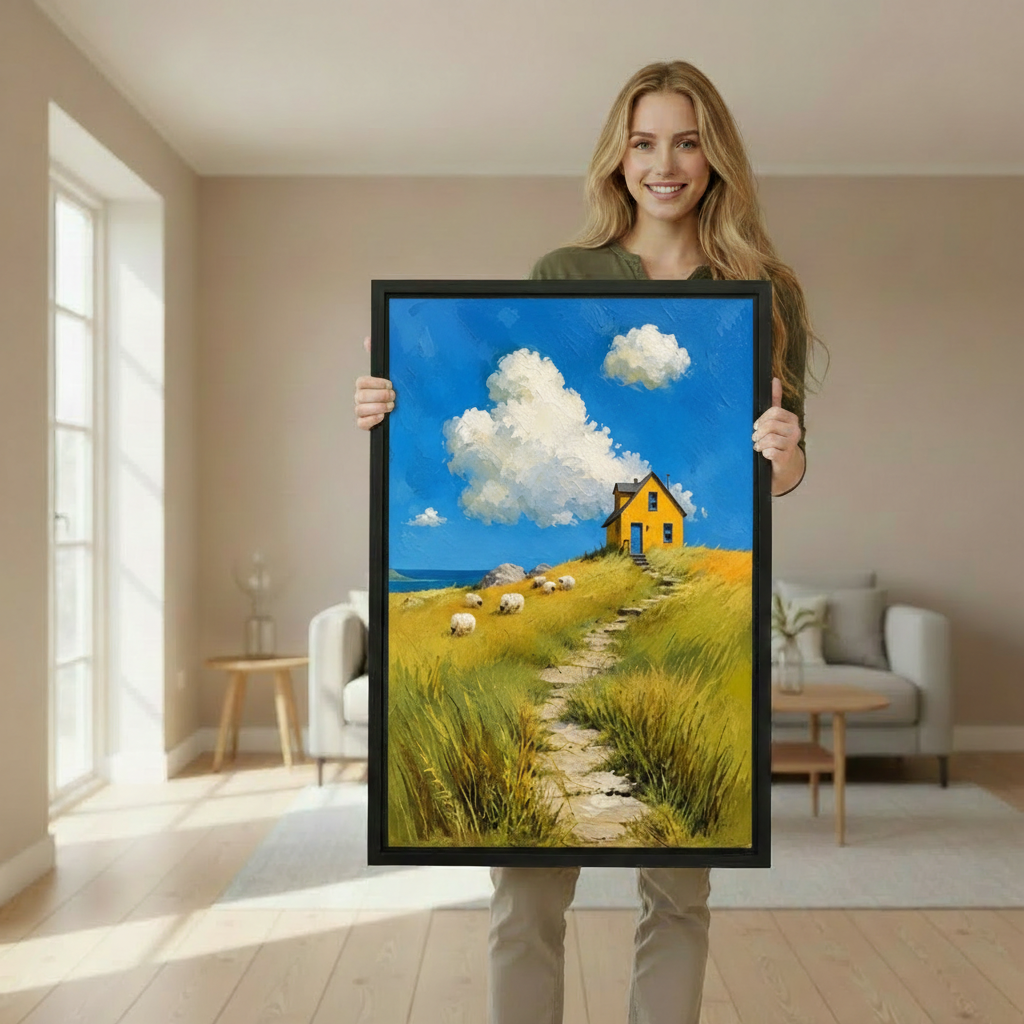 Woman holding framed coastal cottage canvas wall art to demonstrate its vertical size and appearance.