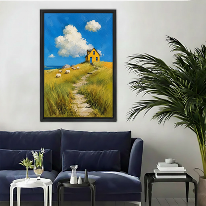  Framed coastal cottage canvas wall art with a sunny path and bright blue sky above a sofa.