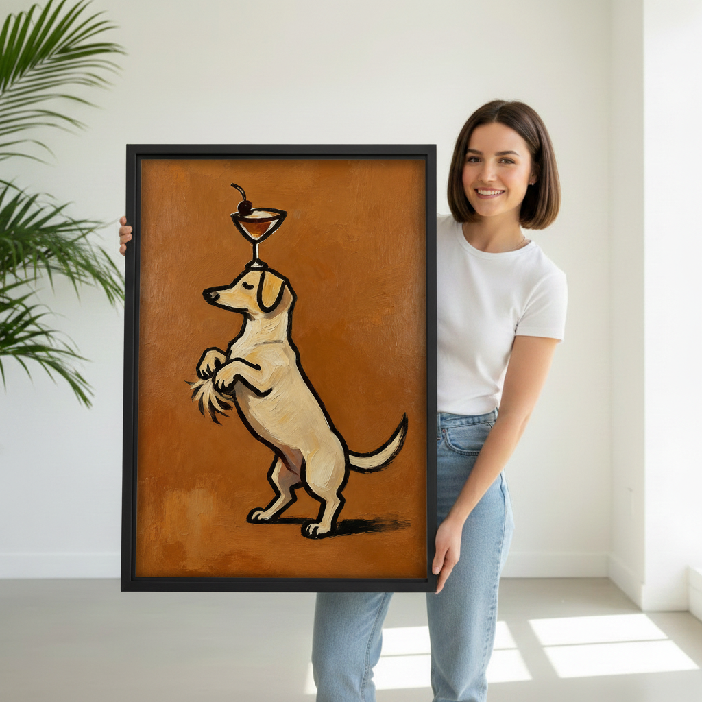 Woman holding framed cocktail dog canvas art to demonstrate its vertical scale and humorous balancing pose.